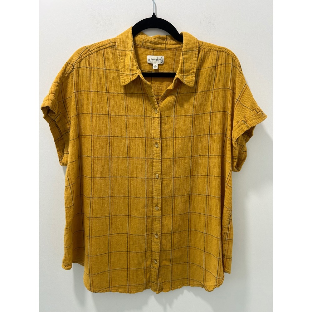 Wonderly Mustard Yellow Plaid Cotton Gauze Short Sleeve Button Down Top XL